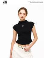 ikyou Cooling Wrinkle Free Slim Crop Half High Neck Solid Short Sleeve T-Shirts