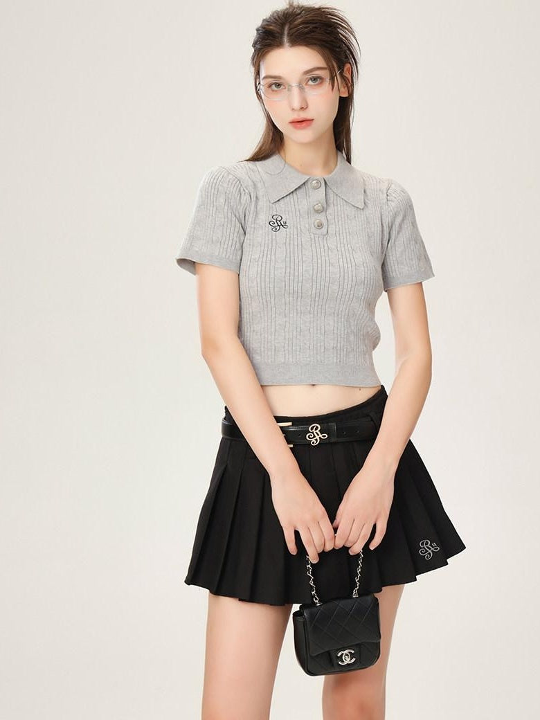 ikyou 3D Embellishment Slim Fit Henley Neck Women Solid Grey Knit Basic Crop Tops