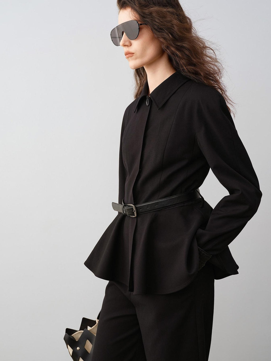 audreyyang Waist Slimming Casual Cropped Lapel Long Sleeve Black Polyester Top & Pants Sets
