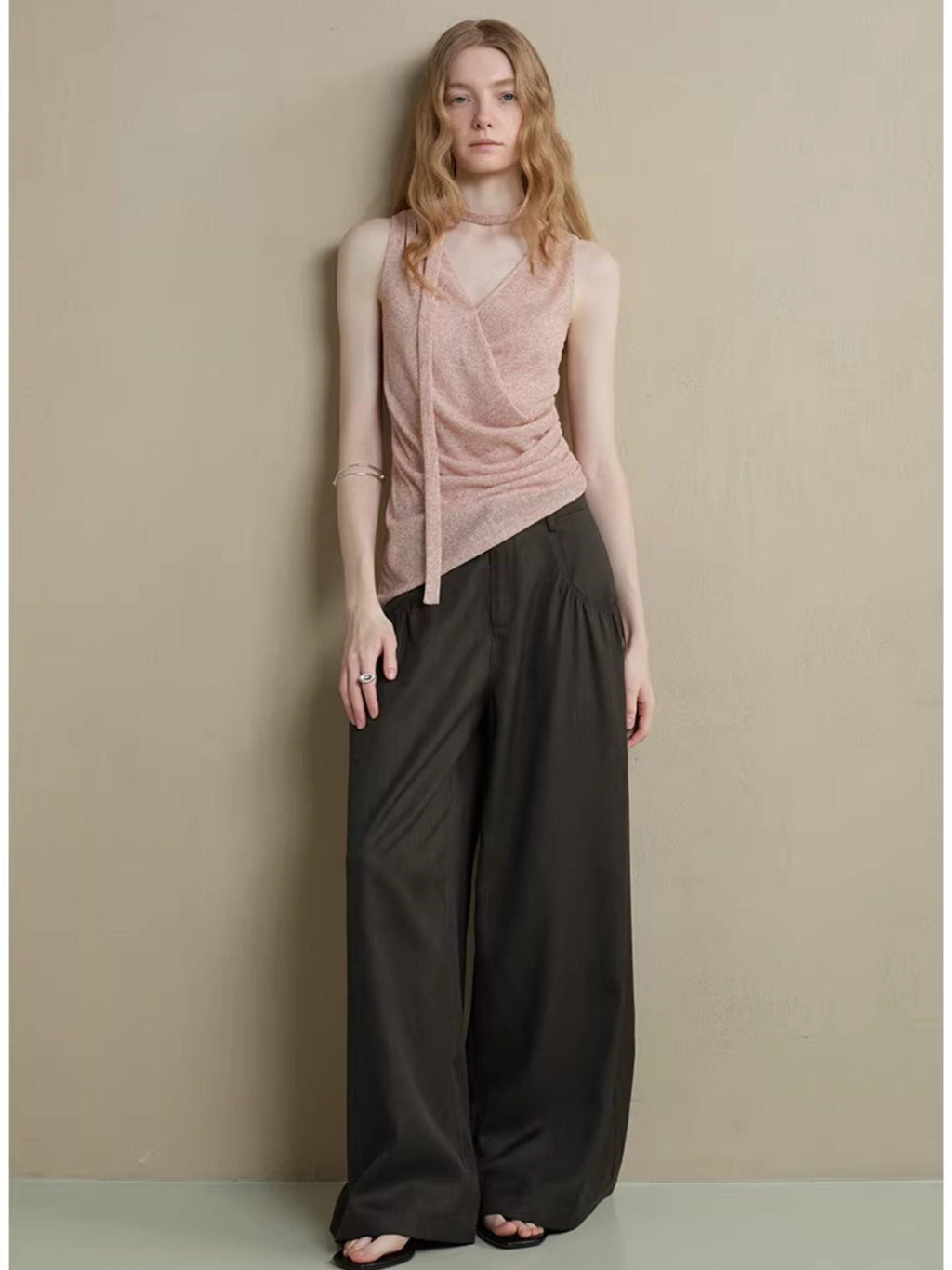 someonesometimes Comfort Minimalist Elastic Natural Waist Office Dark Brown Wide Leg Pants