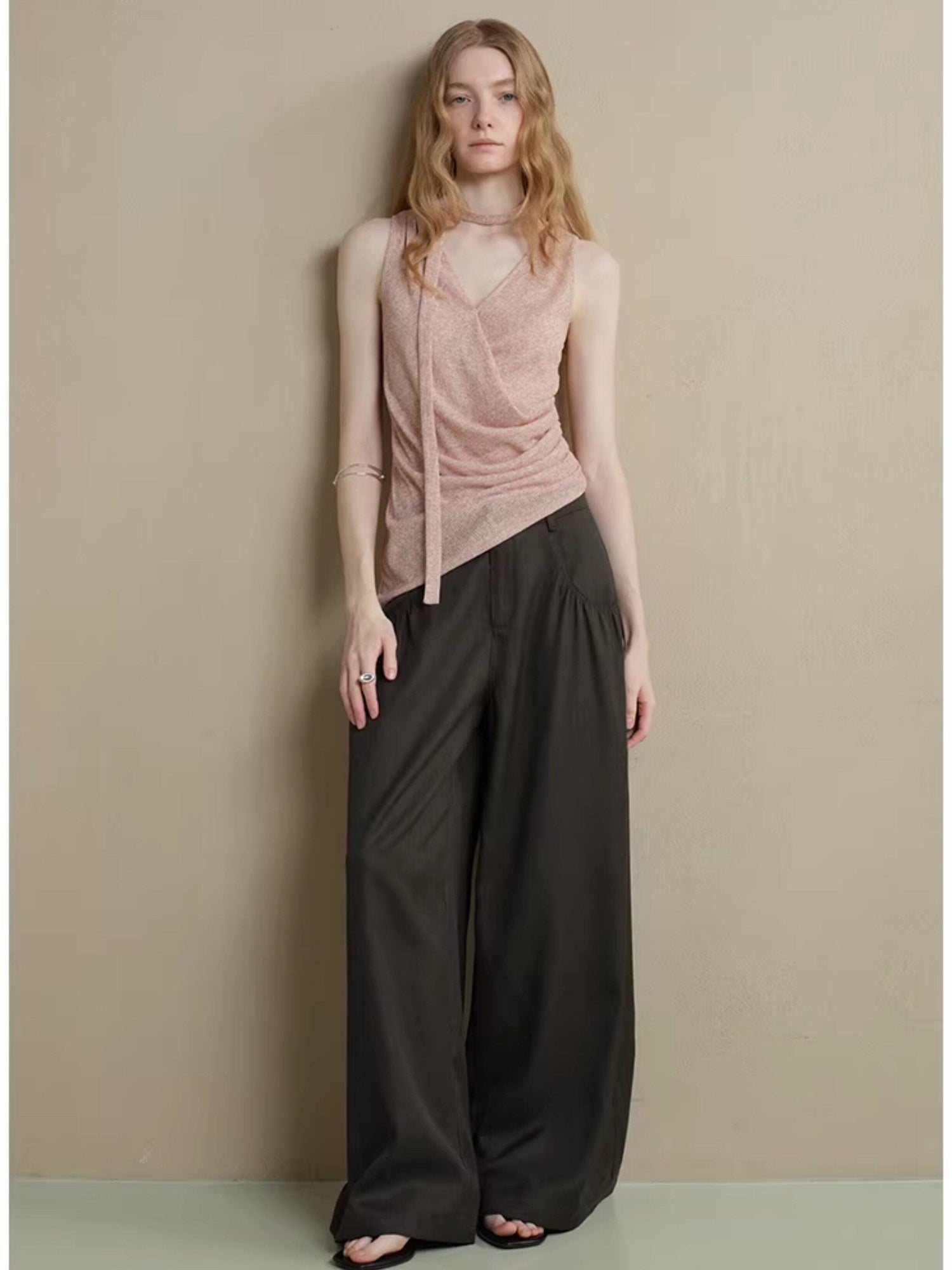 someonesometimes Comfort Minimalist Elastic Natural Waist Office Dark Brown Wide Leg Pants
