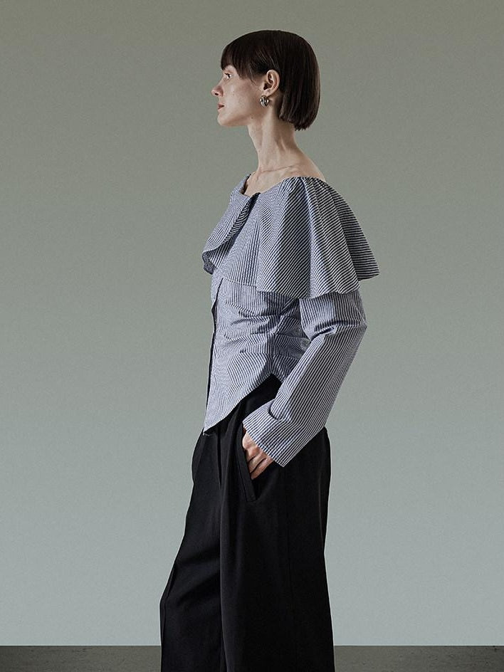unspoken Breathable 100% Cotton Loose Boat Neck Long Sleeve Women Office Striped Blouses