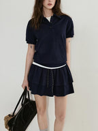 fano Navy Polo Short Sleeve Two Piece Pullover Mini Skirt For Women Top & Skirt Sets