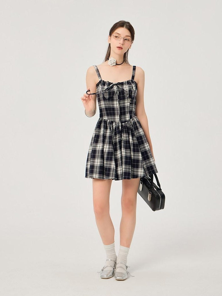 ikyou Slimming Cinched Waist Strappy Plaid A Line Office Midi Dresses