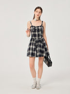 ikyou Slimming Cinched Waist Strappy Plaid A Line Office Midi Dresses