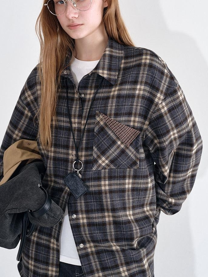 fano Breathable Viscose Oversized Plaid Lapel Button Front Women Everyday Shirts