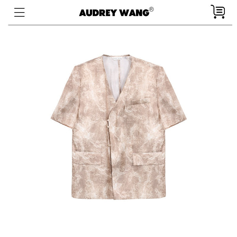 audreyyang_Wrinkle_Resistant_Milk_Tea_Print_Collarless_Short_Sleeve_Loose_Fit_Blazers_MISSTT