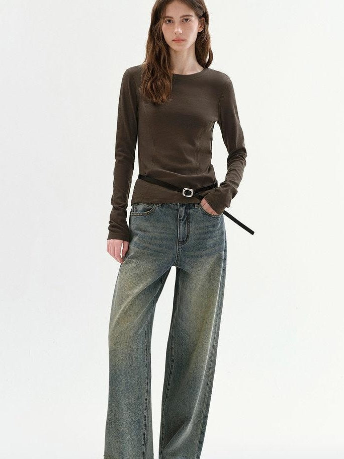 fano Lyocell Blend Slim Fit Minimal Commuter Crew Neck Women Long Sleeve T-Shirts