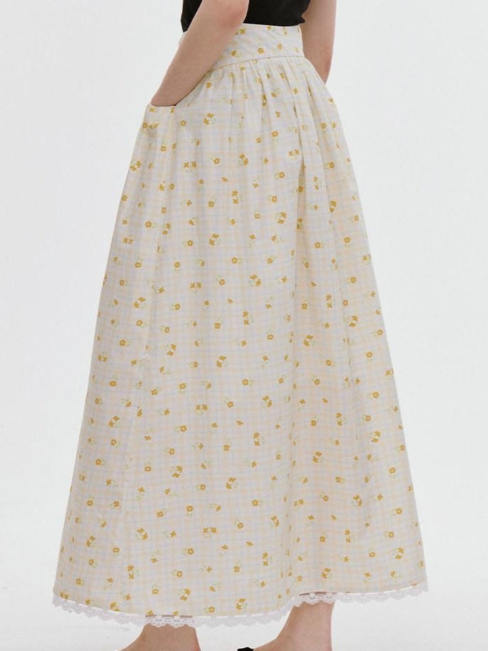 fano Lined 100% Cotton Soft Plaid A Line Mid Waist Loose Fit Korean Maxi Skirts
