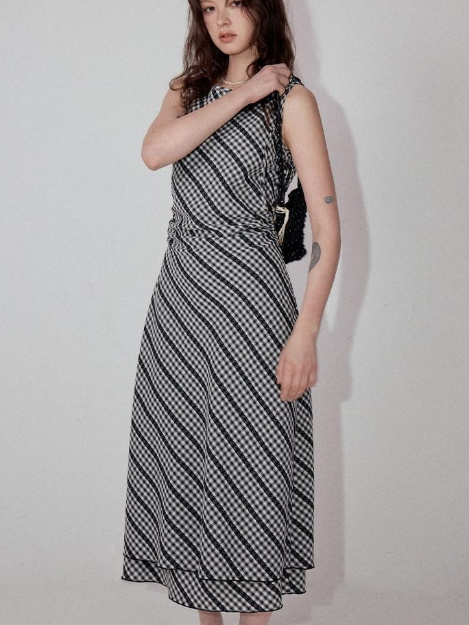 fano Plaid Waist Defining Korean Office A Line Round Neck Casual Women Maxi Dresses