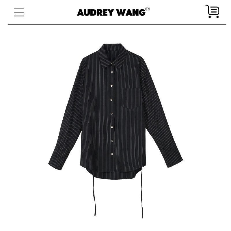 audreyyang_Striped_Relaxed_Lapel_Button_Long_Sleeve_Casual_Women_Polyester_Top_&_Pants_Sets_MISSTT