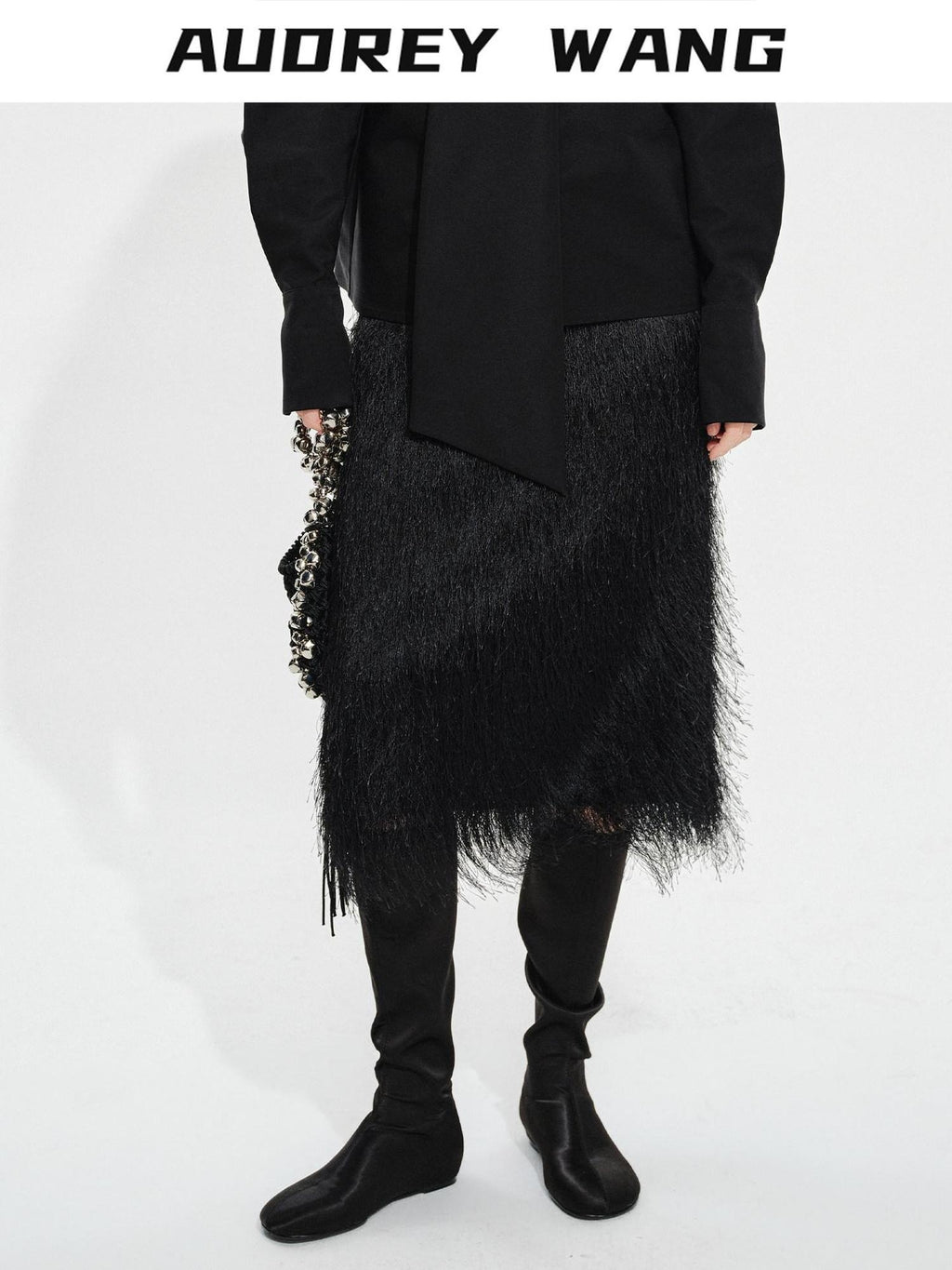 audreyyang Fringe Front Slit Mid Waist Straight Elastic Waist Lined Women Black Midi Skirts