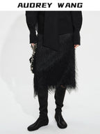 audreyyang Fringe Front Slit Mid Waist Straight Elastic Waist Lined Women Black Midi Skirts