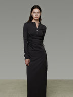 unspoken Breathable Tencel Ruched High Waist A Line Long Sleeve Slim Office Maxi Dresses