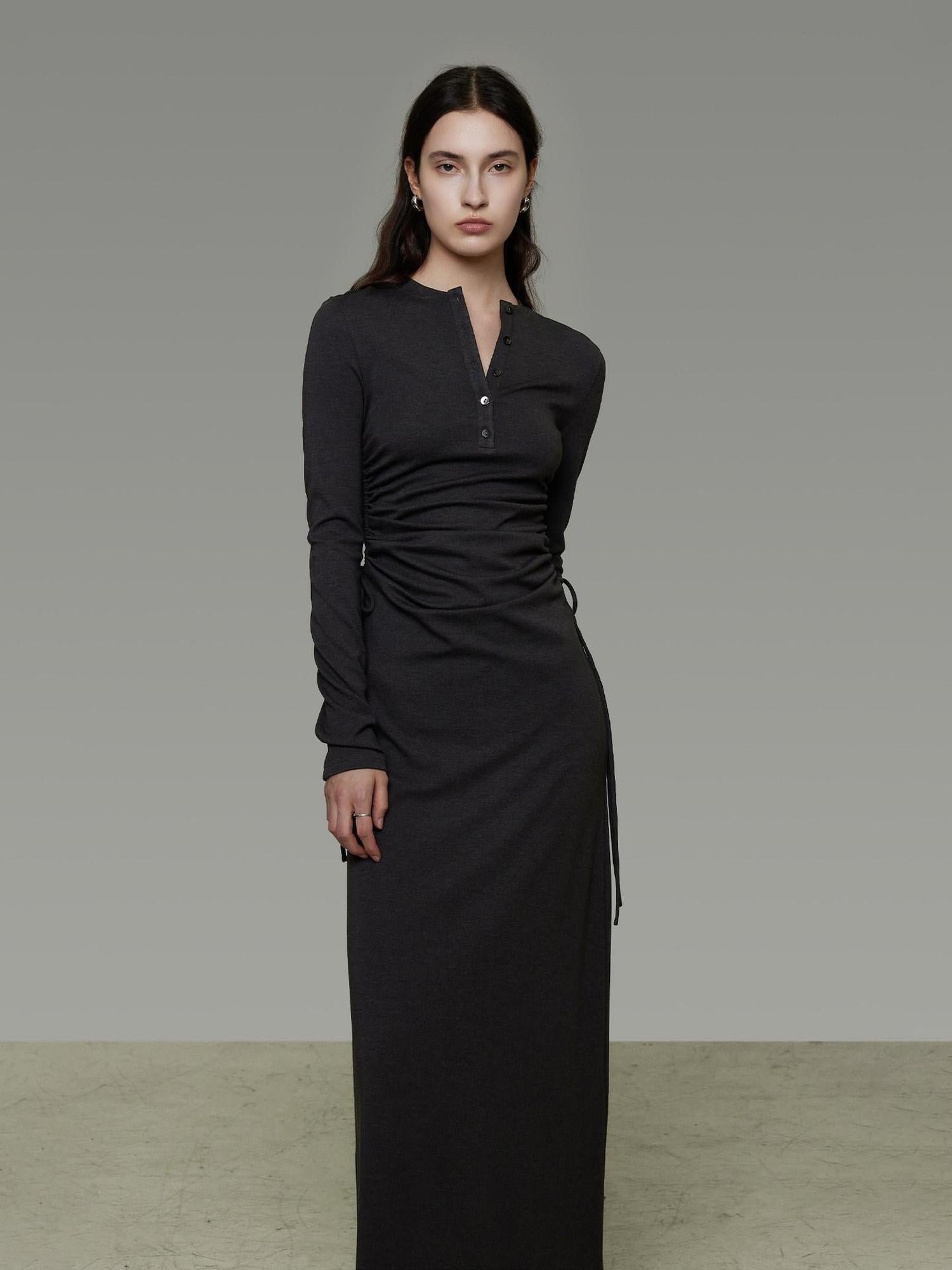 unspoken Breathable Tencel Ruched High Waist A Line Long Sleeve Slim Office Maxi Dresses