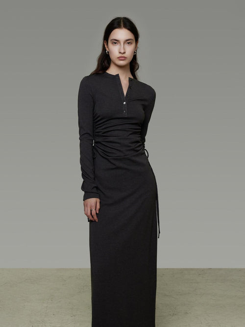 unspoken Breathable Tencel Ruched High Waist A Line Long Sleeve Slim Office Maxi Dresses