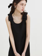 fano Minimal Bow High Waist A Line Sleeveless Round Neck Workwear Black Midi Dresses