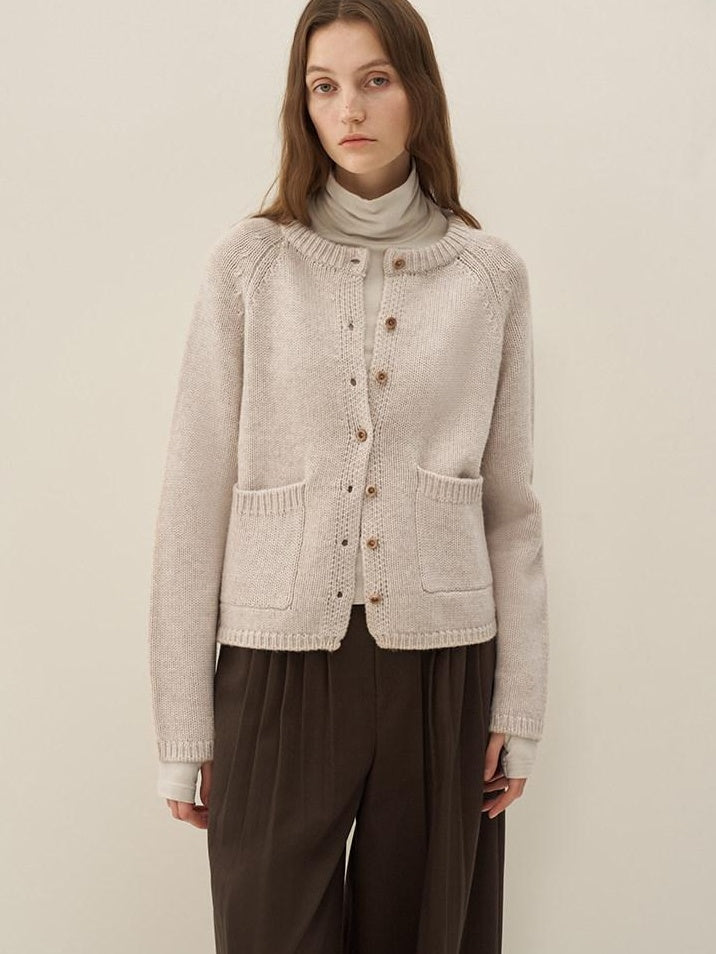 someone sometimes Wool Blend Button Front Round Neck Long Sleeve Commuter Oatmeal Beige Cardigans