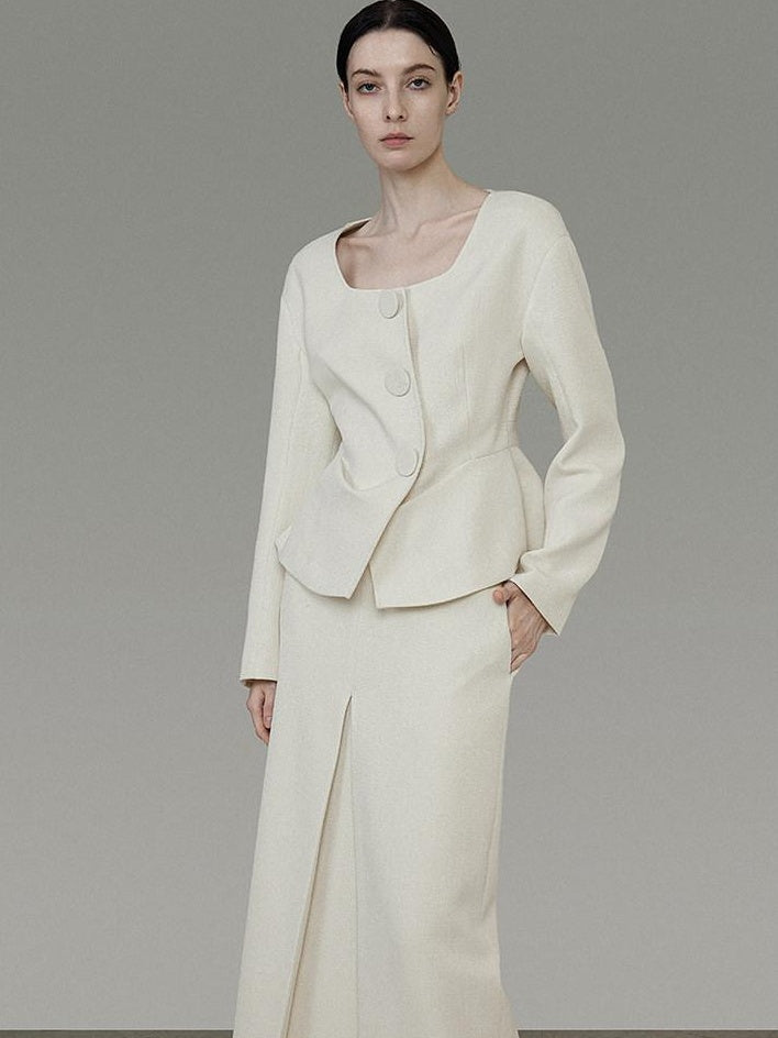 unspoken Slim Office Button Front Long Sleeve Cream Polyester Women Top & Skirt Sets