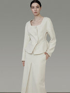 unspoken Slim Office Button Front Long Sleeve Cream Polyester Women Top & Skirt Sets