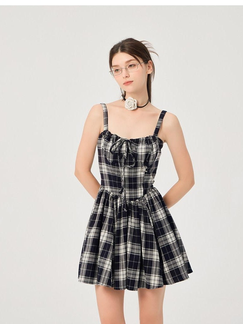 ikyou Slimming Cinched Waist Strappy Plaid A Line Office Midi Dresses