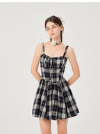 ikyou Slimming Cinched Waist Strappy Plaid A Line Office Midi Dresses