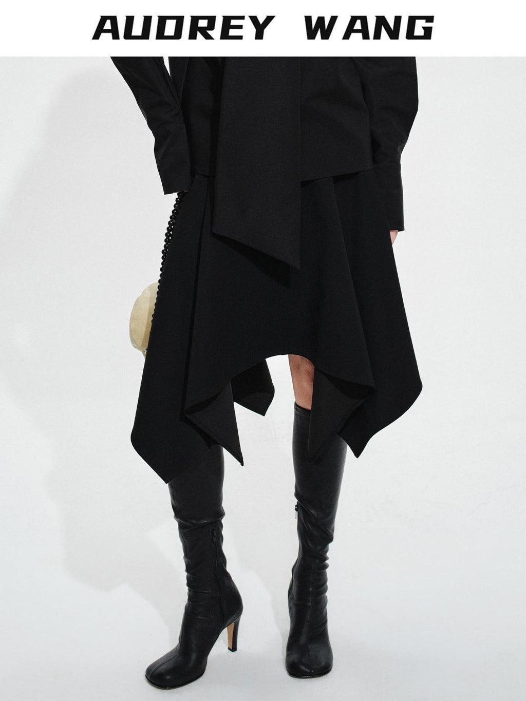 audreyyang Elegant Asymmetric Irregular Hem Mid Waist Front Zipper Black Midi Skirts