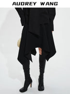 audreyyang Elegant Asymmetric Irregular Hem Mid Waist Front Zipper Black Midi Skirts
