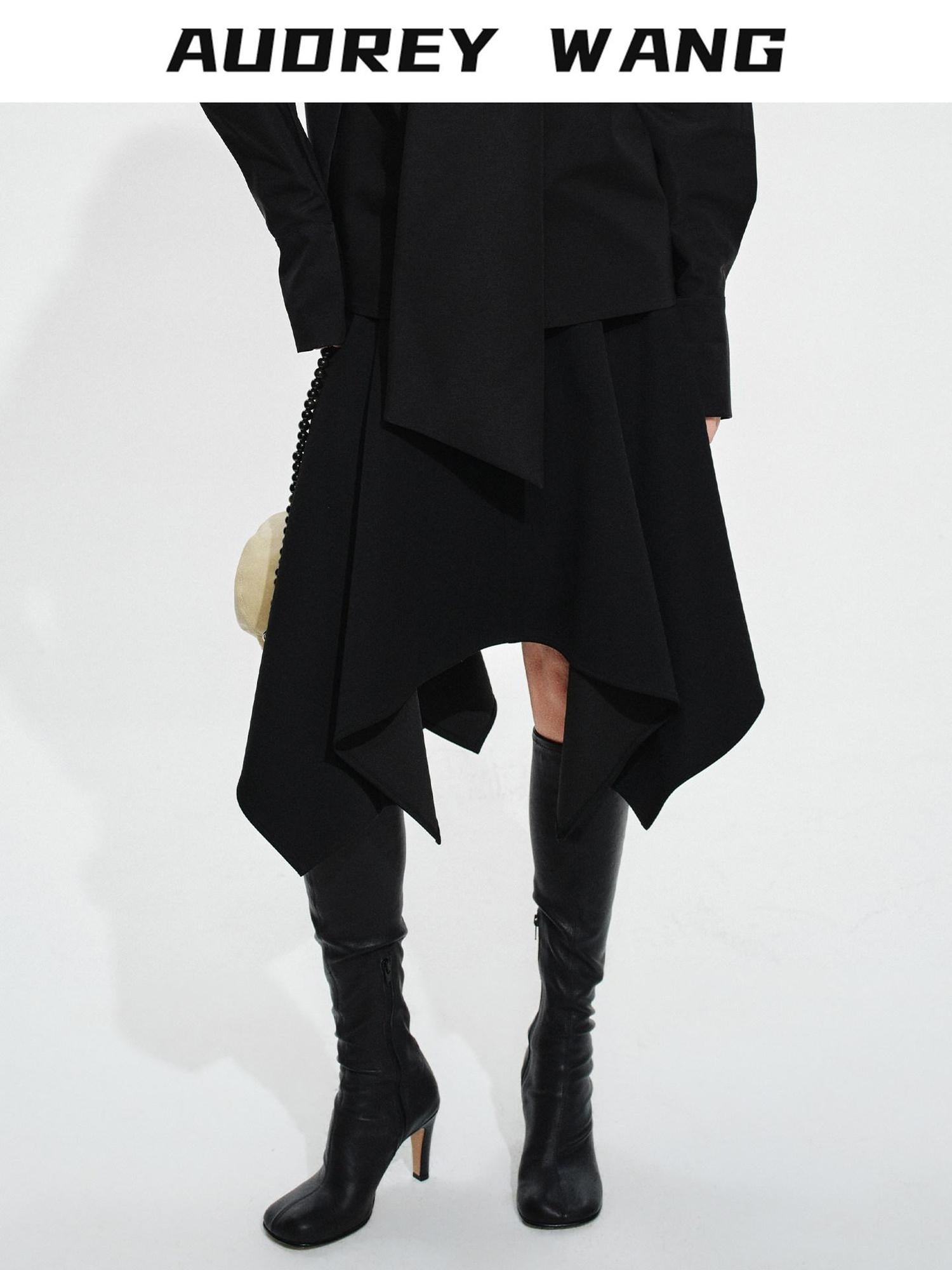 audreyyang Elegant Asymmetric Irregular Hem Mid Waist Front Zipper Black Midi Skirts