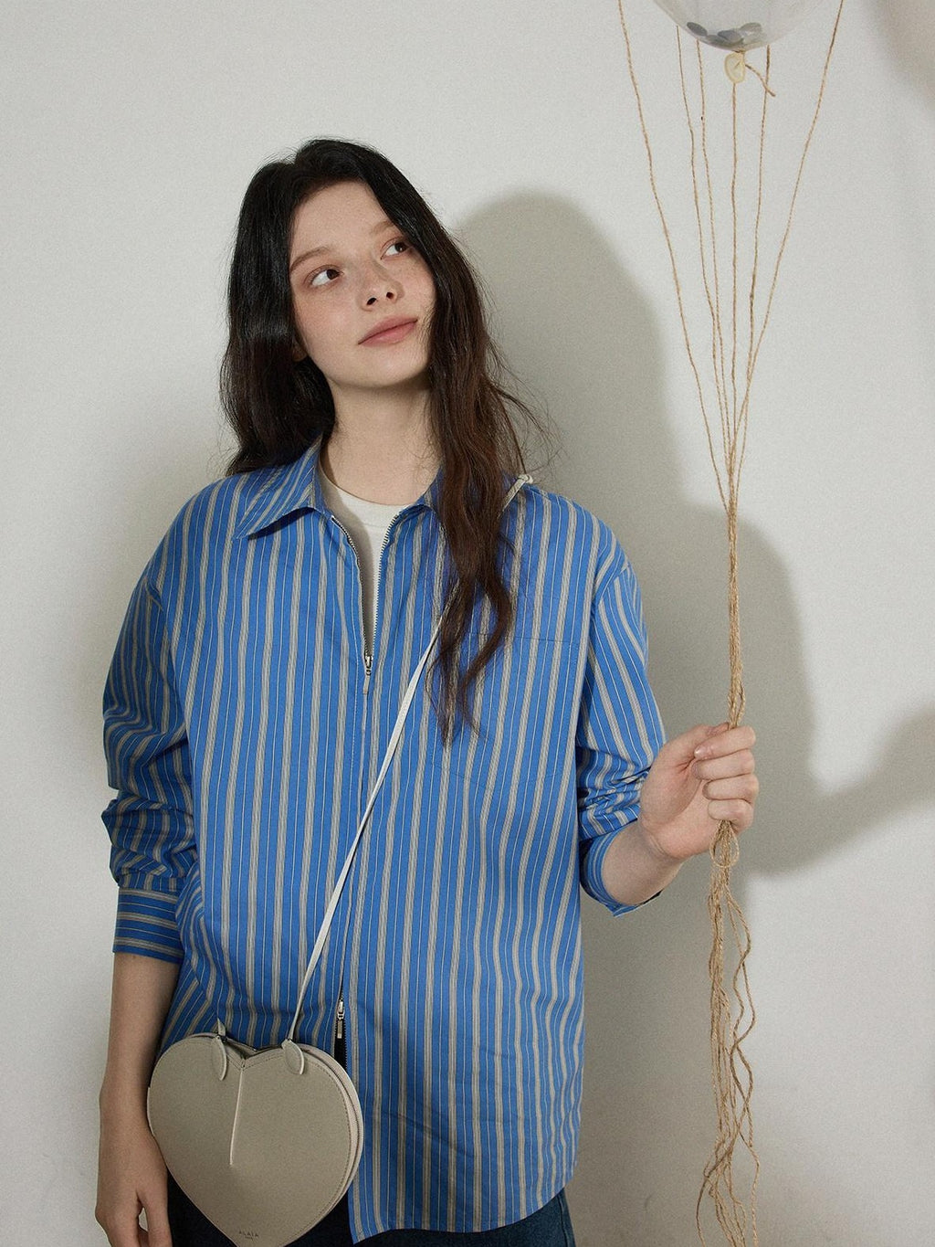 Lofi choose Cotton Blend Colorblock Loose Fit Striped Lapel Zip Women Work Shirts