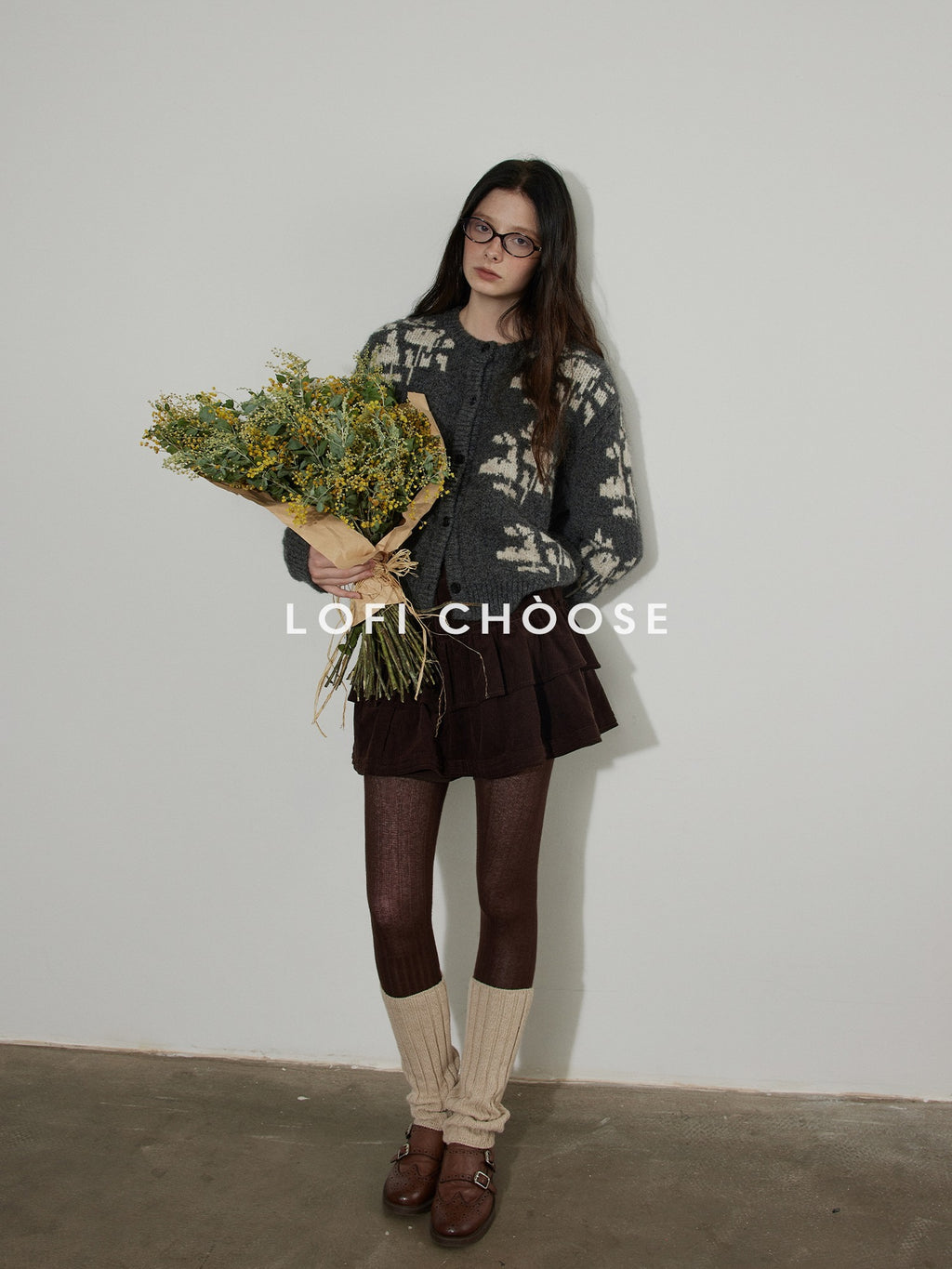 Lofi choose Cozy Thick Printed Wool Blend Relaxed Oversized Women Crewneck Cardigans