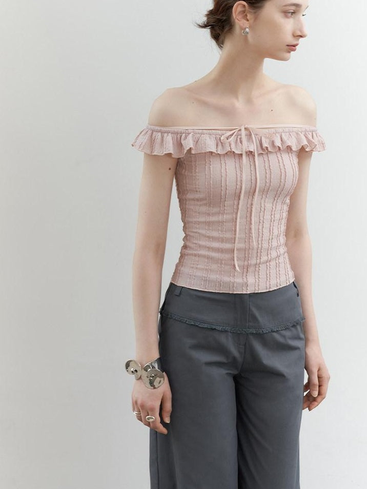 someonesometimes Lace Tie Slim Fit Short Solid Mauve Cream Daily Chic Off Shoulder Crop Tops