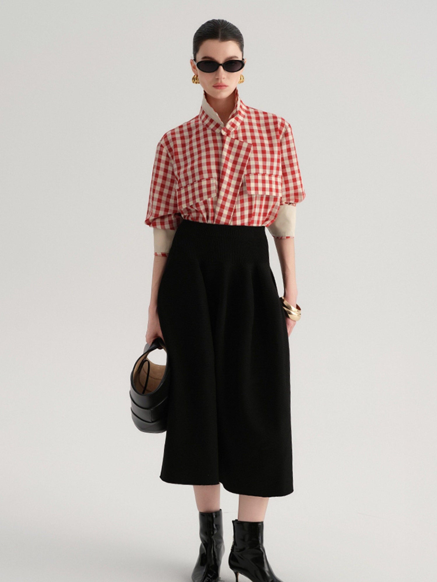 audreyyang Flattering High Waist A Line Solid Black Nylon Office Casual Women Maxi Skirts
