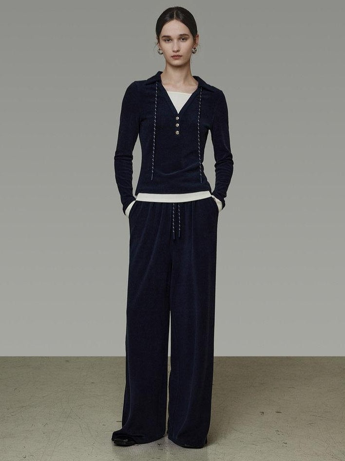 unspoken Breathable Slim Fit V-neck Knit Three Piece High Waist Navy Women Lounge Sets