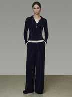 unspoken Breathable Slim Fit V-neck Knit Three Piece High Waist Navy Women Lounge Sets