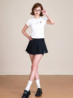 ikyou Pure Cotton Embroidered Slim Fit Short Sleeve Crew Neck Casual Basic Crop Tops
