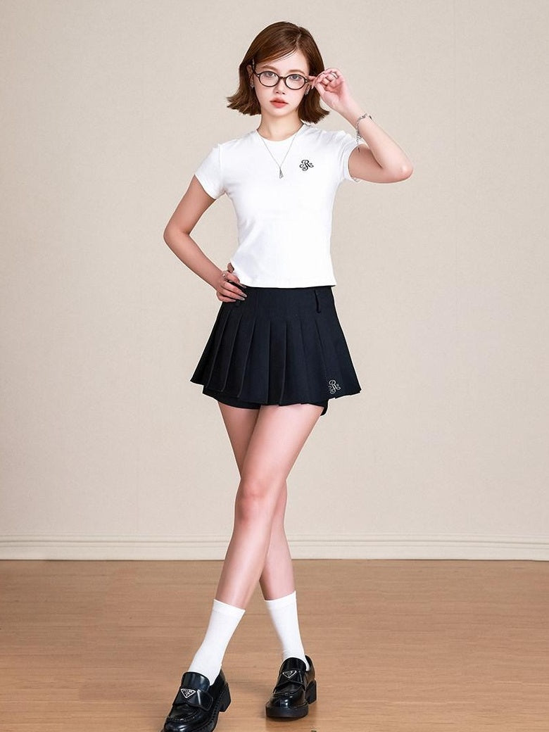 ikyou Pure Cotton Embroidered Slim Fit Short Sleeve Crew Neck Casual Basic Crop Tops