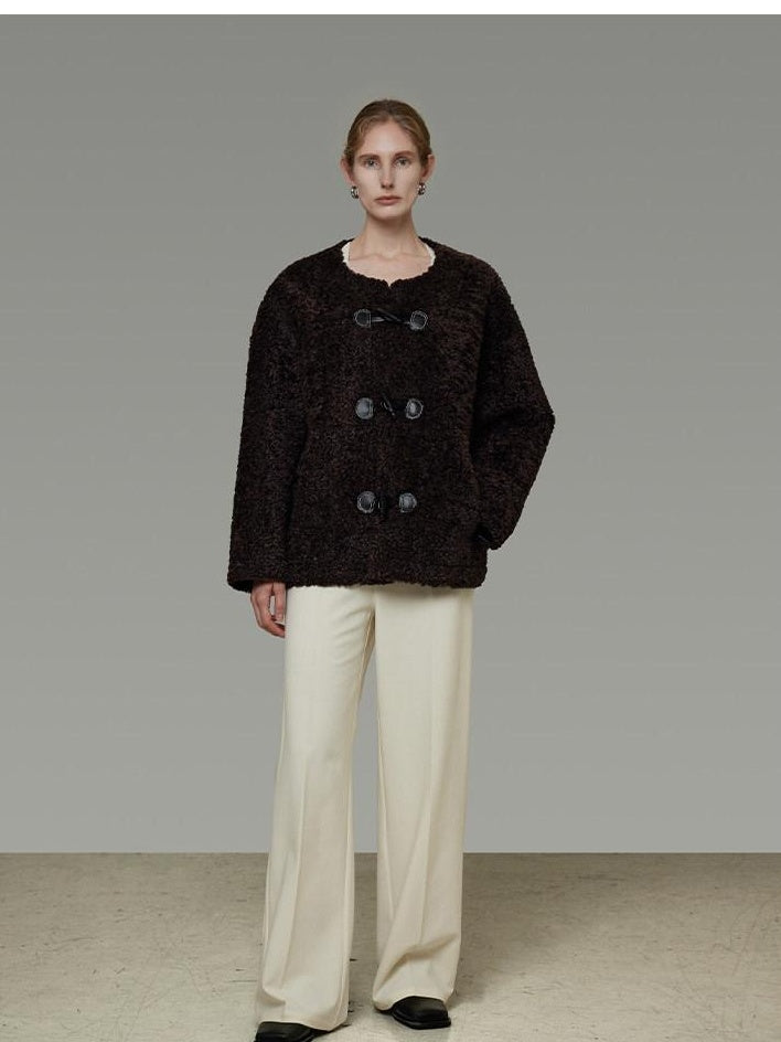 unspoken Warm Fur Lined Minimalist Commuter Loose Fit Brown Women Everyday Short Coat