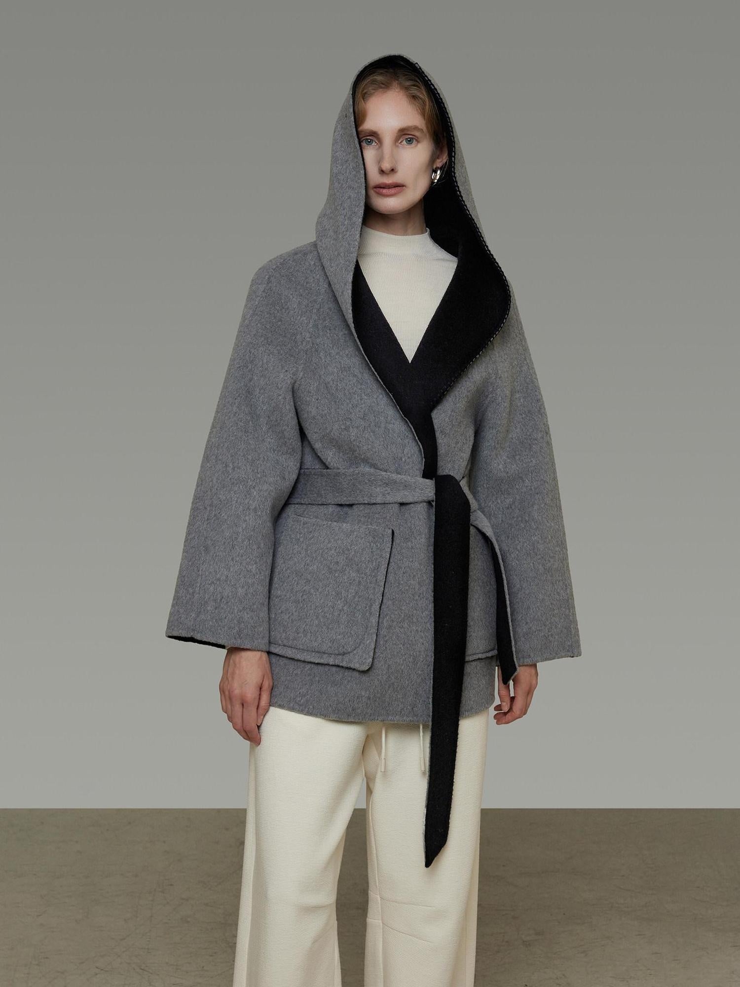 unspoken Minimal Commute Relaxed Fit Hooded Tie Waist Sculpted Cut Black Gray Wool Coats