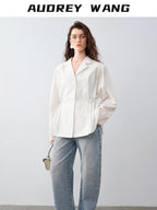 audreyyang Durable Viscose Slim Waist Casual Lapel Button Long Sleeve Blouses