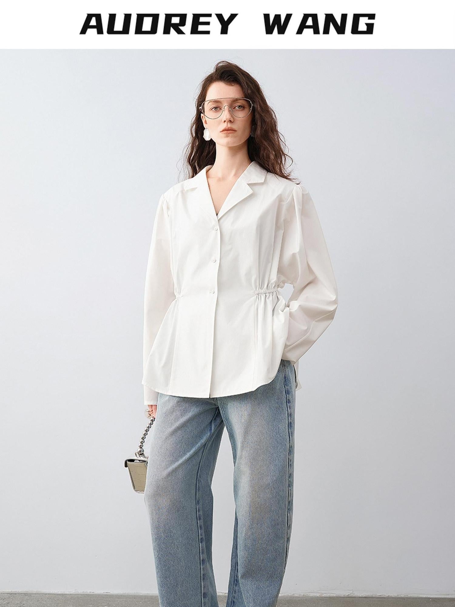 audreyyang Durable Viscose Slim Waist Casual Lapel Button Long Sleeve Blouses