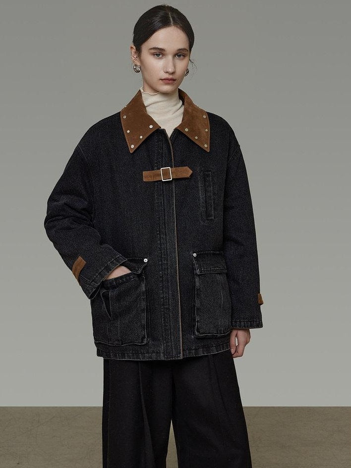 unspoken Durable Cotton Blend Colorblock Loose Fit Commuter Everyday Women Denim Jackets
