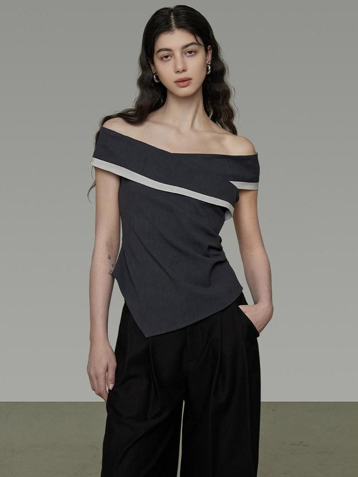unspoken Slim Minimalist Colorblock Office Bardot Sleeveless Off Shoulder Crop Tops