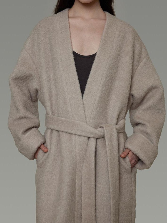 unspoken Cozy Sheepswool Belted Loose Fit Minimal Office V-neck Mid Length Wool Coats