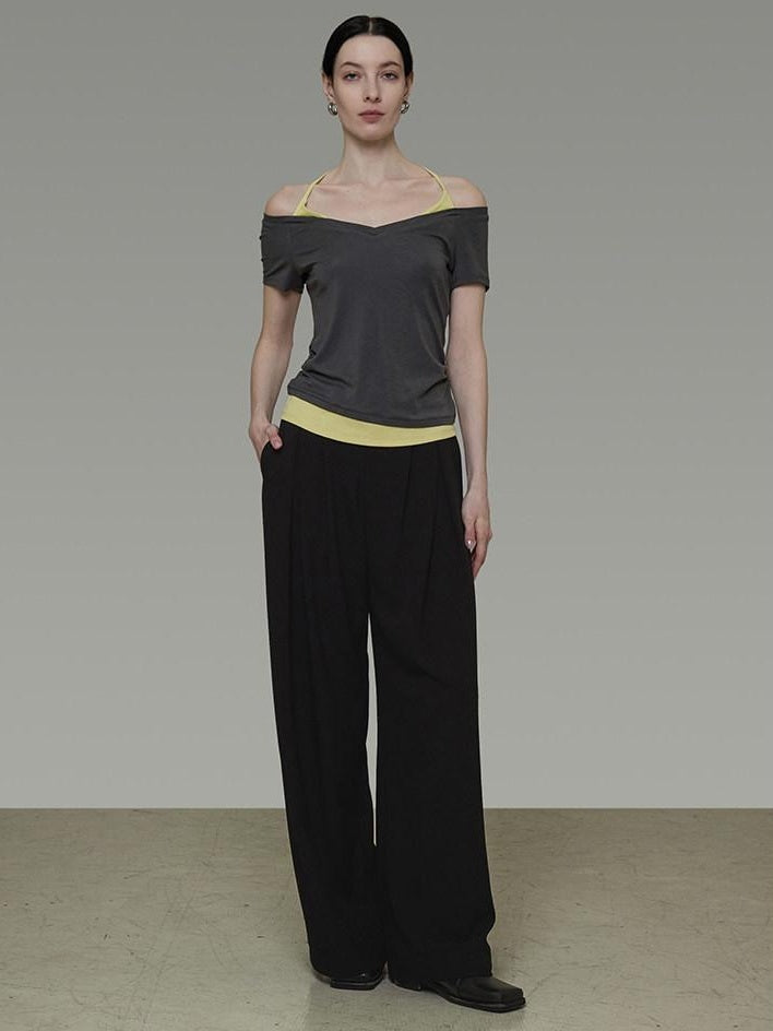 unspoken Moisture Wicking Lyocell Slim V-neck Patchwork Grey Green Halter Crop Tops