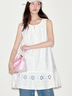 fano 100 Percent Cotton Embroidery A Line Loose Waist Sleeveless Office Midi Dresses