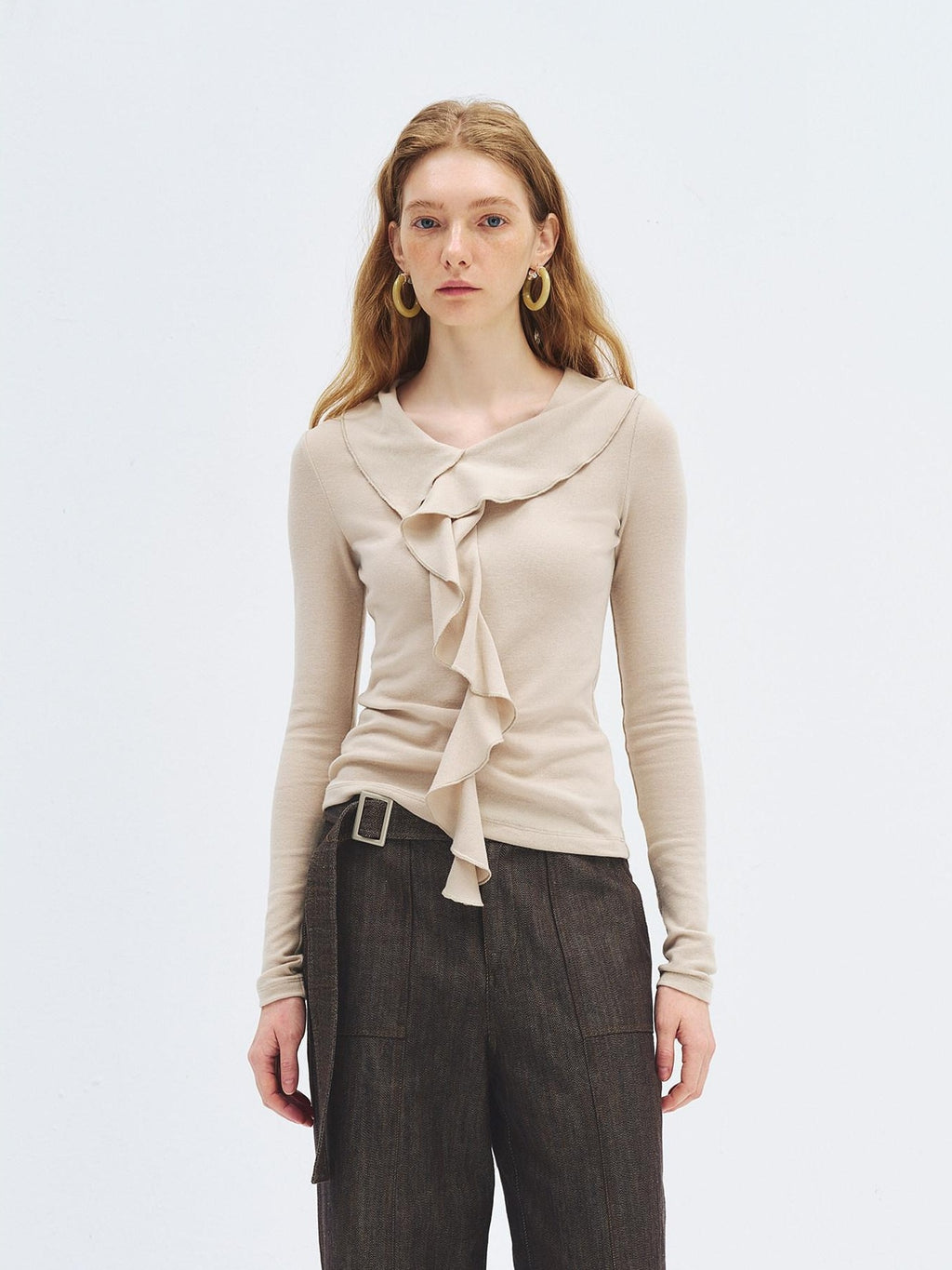 someonesometimes Soft Stretch Knit Slim Fit Casual V-neck Women Sand Long Sleeve T-Shirts