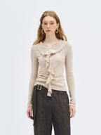 someonesometimes Soft Stretch Knit Slim Fit Casual V-neck Women Sand Long Sleeve T-Shirts