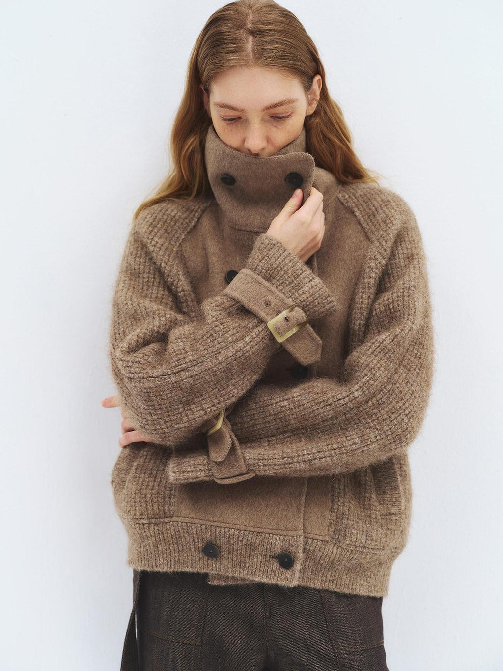 someonesometimes Alpaca Blend Double Breasted Casual Loose Fit Women Lapel Dusty Camel Short Coat