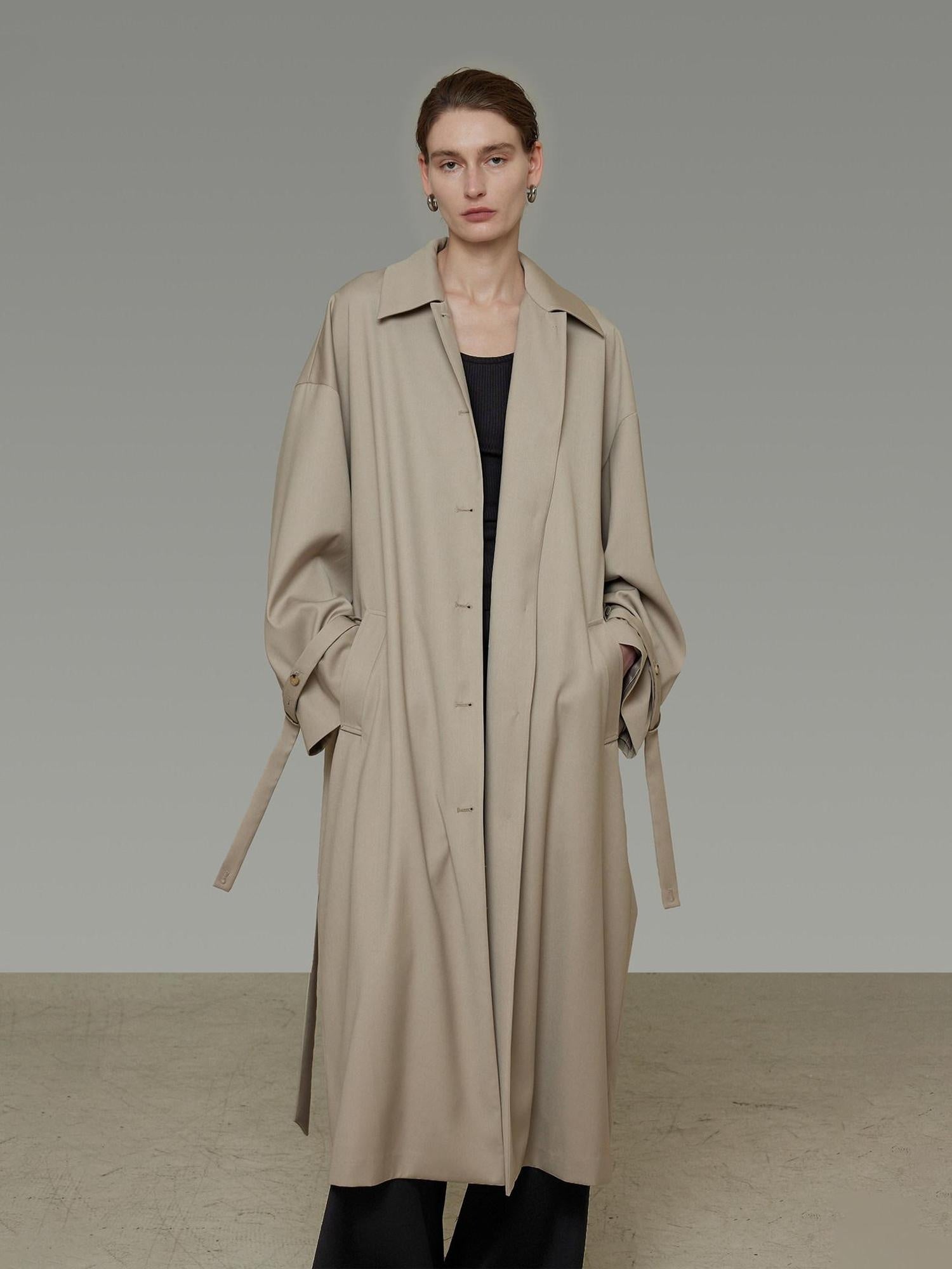 unspoken Minimalist Longline Single Breasted Loose Fit Women Beige Trench Coats